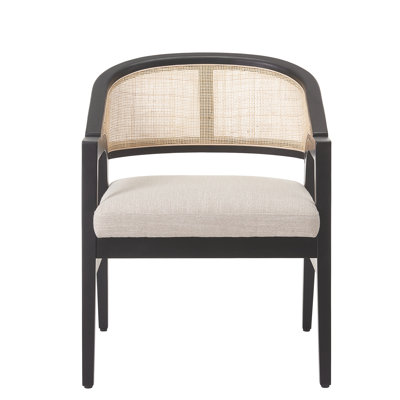 Bramwell Modern Cane Back Rubberwood Dining Chair with Arms, Upholstered Seat & Handwoven Rattan Backrest