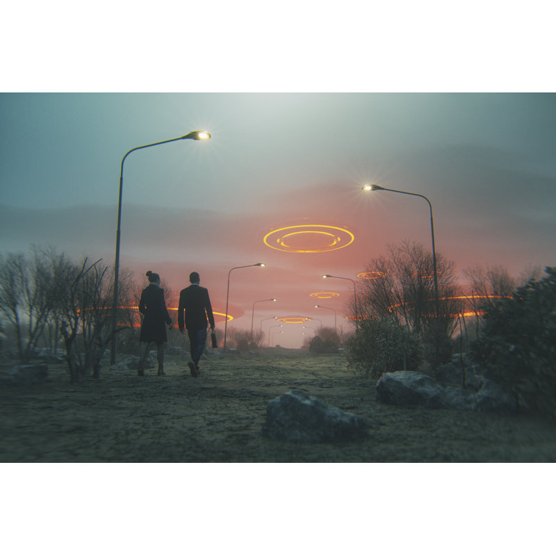 Couple Walking Towards Flying Ufos by Gremlin - No Frame Print on Canvas, 61cm H x 91cm W