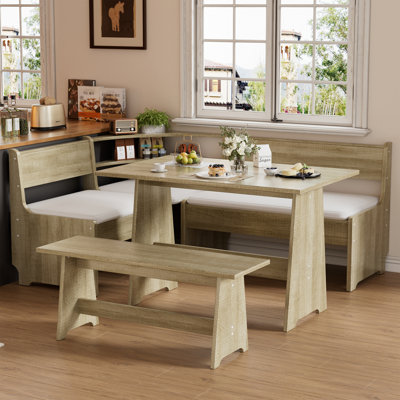 Corner Breakfast Nook Table Set with Cushion, L-Shape Kitchen Dining Table with Bench, Farmhouse Wood Breakfast Nook Bench with Hidden Storage,Natural