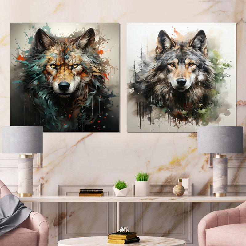 Solitude loup Portrait I - ensemble de 2 décorations murales loup, Toile tendue, H 16 po x l 33 po x P 1 po
