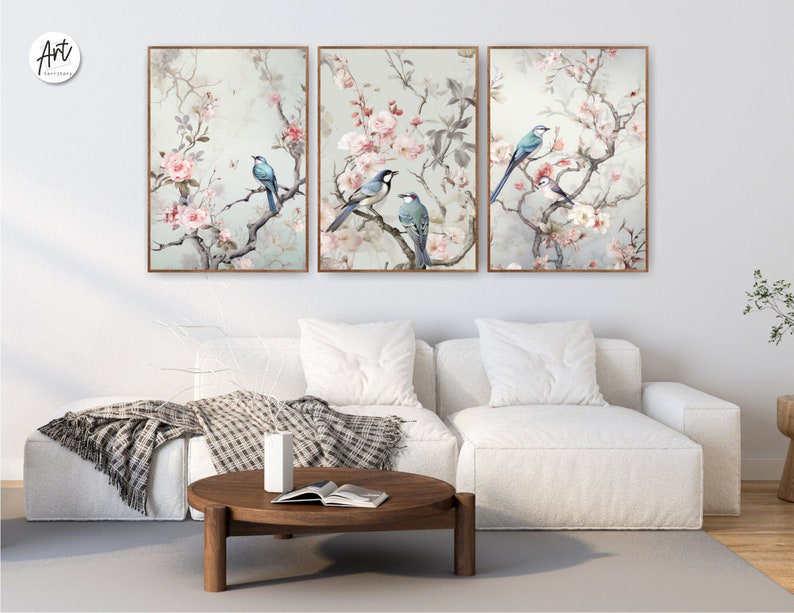 Impression de chinoiserie 3 pièces, Toile tendue, H 20 po x l 48 po x P 0,75 po