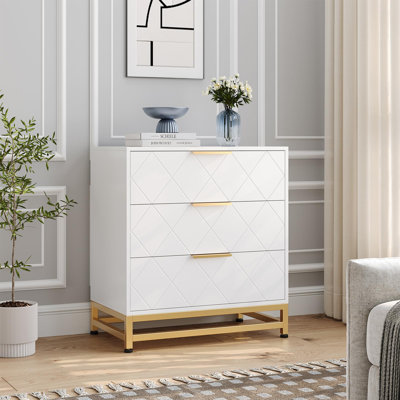 Modern 3 Drawer Dresser for Bedroom, Wide Chest with Metal Handles, Ample Storage, Bedside Table Cabinet, Easy Assembly (White)