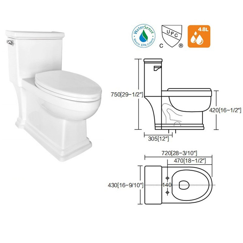 Toilette allongée une pièce 1,26 GPF (économe en eau) (siège inclus)