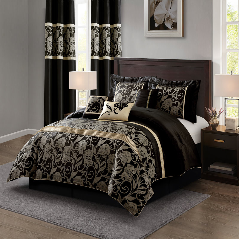 Mollybee 9 Piece Comforter Set, Grand édredon et 8 pièces supplémentaires, Noir / or