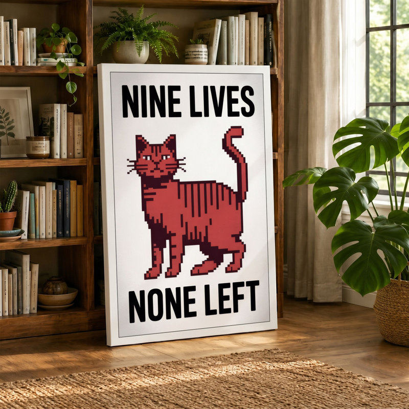 Nine Lives, None Left Retro 1 Piece Wrapped Canvas Wall Art, 24x16 - 61.0 x 40.6 cm, Teal Border