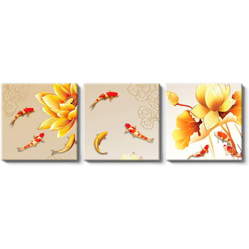 Lotus and Carp - peinture sur toile tendue 3 pièces, H 12 po x l 36 po x P 1,5 po