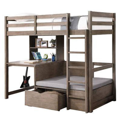 Modern Transitional Twin Loft Bed With Workstation, Bookcase, Storage Box, Attached , Warm Grey And Removable Cushions Over Workstation Flip - Top Drawer