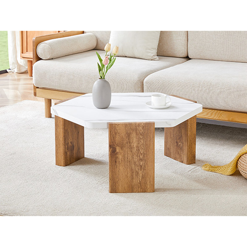 Table basse blanche pentagonale artistique de 31 pouces avec surface d'aspect marbre, structure de support triangulaire, capacité de 250 lb pour une utilisation quotidienne