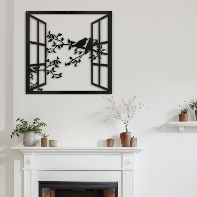 Bird Silhouette on Branch Modern Abstract Wall Accent Sculpture Hanging Decoration Metal Wall Decor, Blck