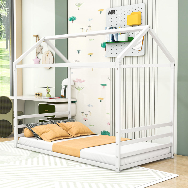 Lit de plancher en métal avec garde-corps, conception en forme de maison, Twin, Blanc