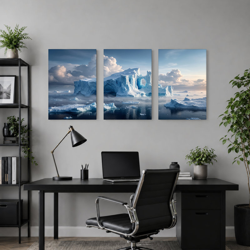 «Blue Iceberg In Misty Ocean Water Under Dramatic Clouds», ensemble de 3 toiles murales, 36"H x 24"W x 3pcs