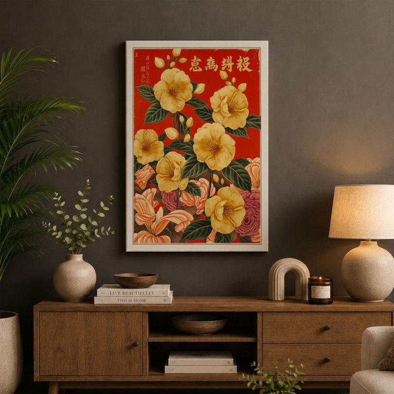 Golden Blooms in Red Botanical - Wrapped Canvas, 24x16 - 61.0 x 40.6 cm, Teal Border