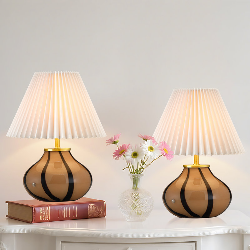 2 Pack 3600mAh Rechargeable Cordless Glass Table Lamps, 3-Way Dimmable, 3000K Warm, White Pleated Shade, Tan/Black 