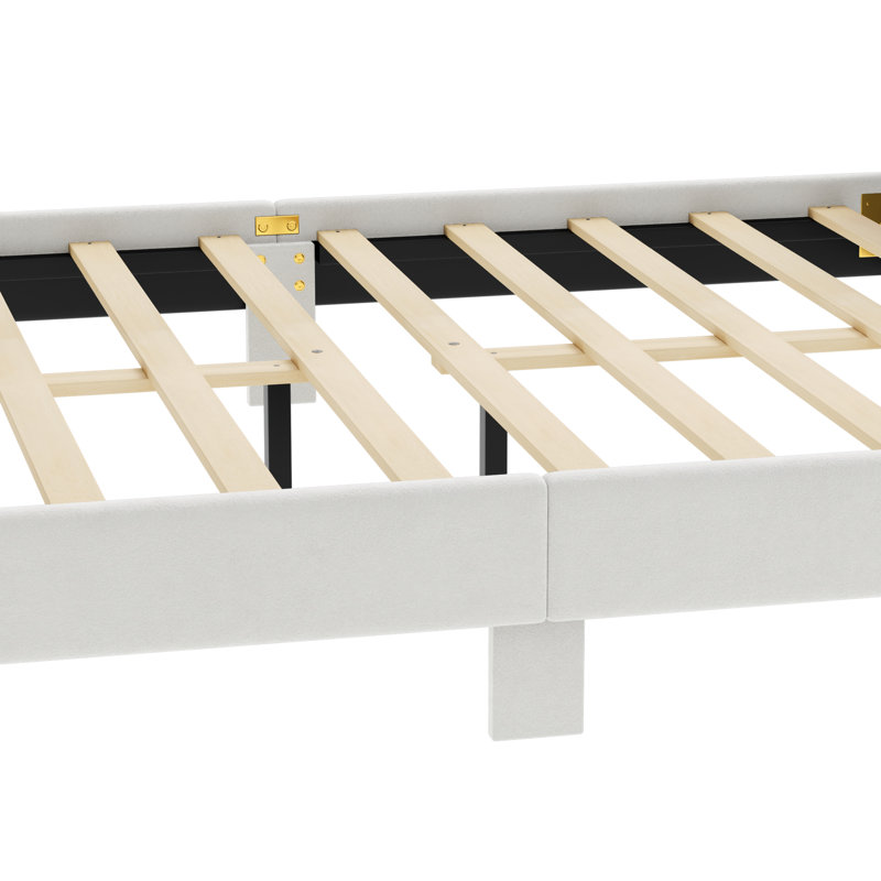 Lit plateforme tapissier grand en velours, lit-bateau capitonné avec tête et pied de lit courbés, beige, Grand lit