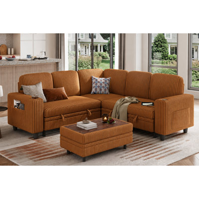  Canapé modulaire rembourré de 81 po avec repose-pieds Sherry, canapé coulissant, support de rangement USB et porte-gobelets Sherry