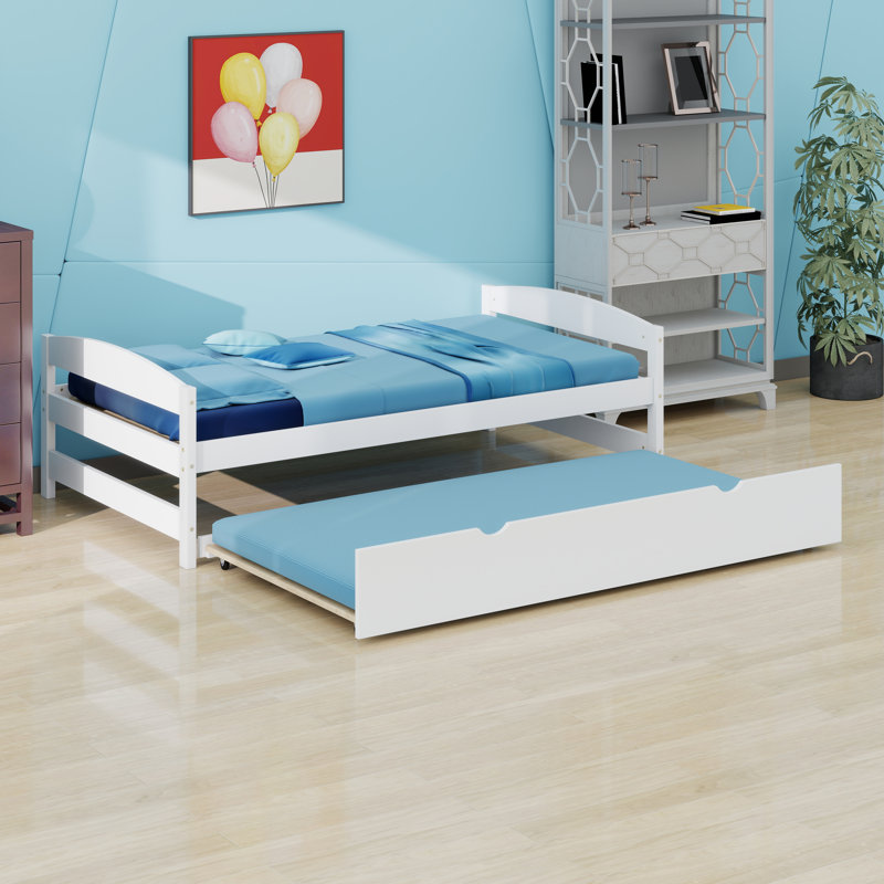 Un lit plateforme simple accompagné d'un lit gigogne sous le lit simple, Blanc