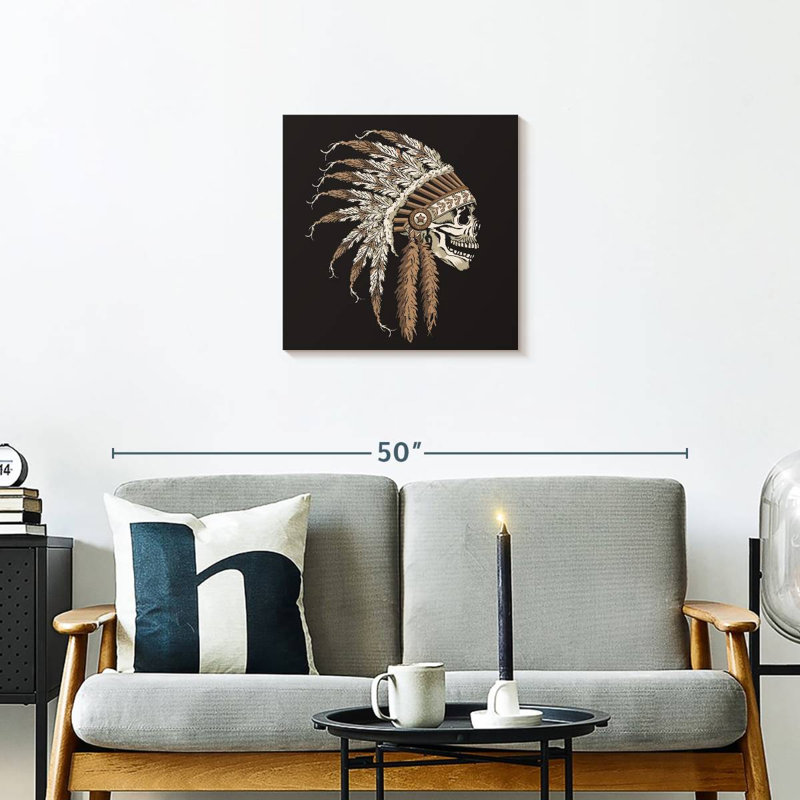 Skull Wearing Indian Headdress, 20" H x 20" W