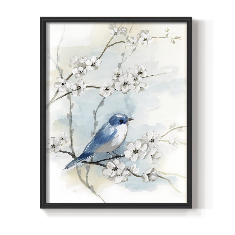 «Blossoms and Bluebird I», reproduction encadrée - bois massif, Noir, H 20 po x l 16 po
