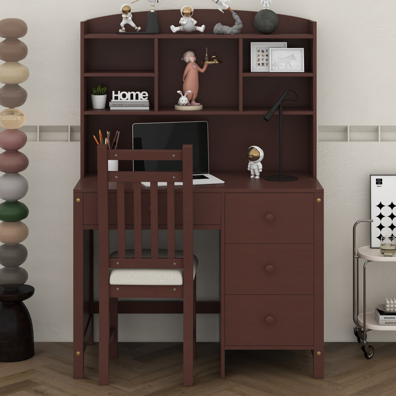 Ensemble de bureau d'écriture et chaise rembourrée avec bibliothèque, bureau d'ordinateur rétro de 40 po avec 4 tiroirs, tablette de rangement et chaise