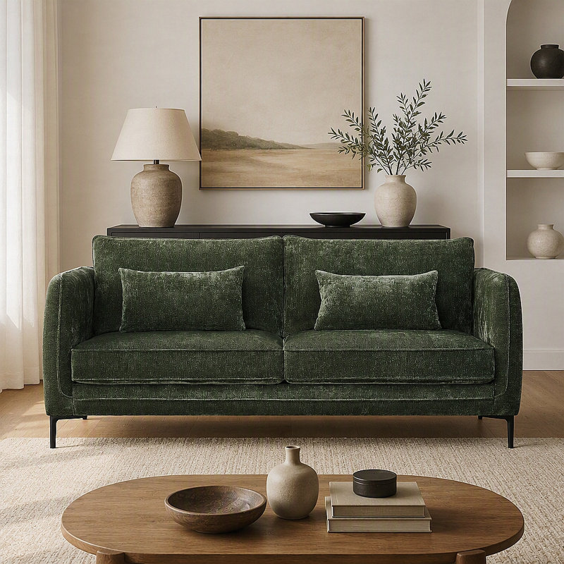 Canapé 3 places moderne avec tissu chenille et mousse haute densité, Green Chenille