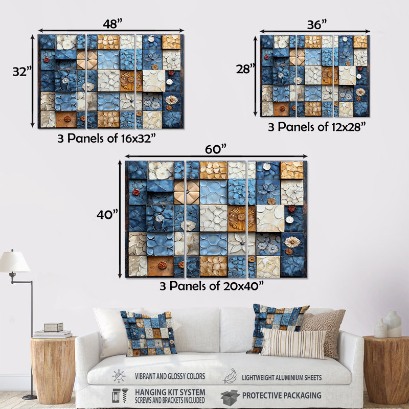 Abstract Blue and White Rhythms Tiles - Ensemble de décorations murales Abstract Tile, Métal métal