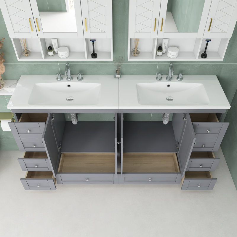 Meuble-lavabo autoportant de 72 po de style shaker gris avec lavabo en résine, portes et tiroirs à fermeture en douceur, fabrication en bois aggloméré massif