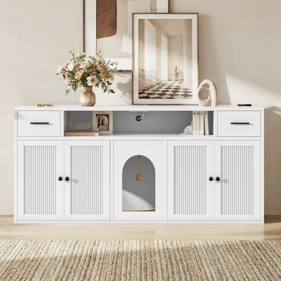 Hidden Cat Litter Box Enclosure, Privacy & Odor Control With Storage, With Cat Scratching Mat & Interactive Toy Ball, Double Room Large Cat Cabinet, Indoor Cat House, Tv Stand, Side Table, Cat Washroom