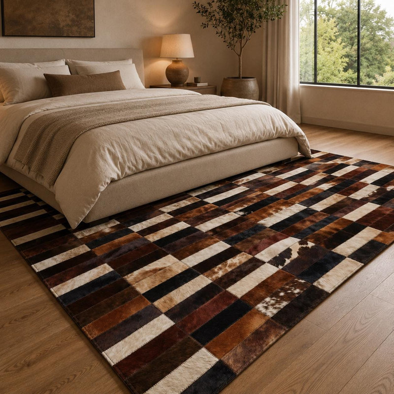 Tapis en cuir de vache patchwork fabriqué à la main, tapis en cuir géométrique, décoration de salon de luxe, 8 x 10 pi