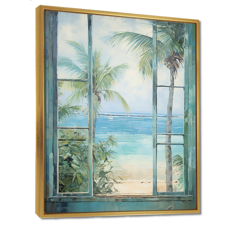 «Tropical beach Windows horizon I» - Impression sur toile côtières, H 32 po x l 16 po x P 1 po, Cadre flottant doré