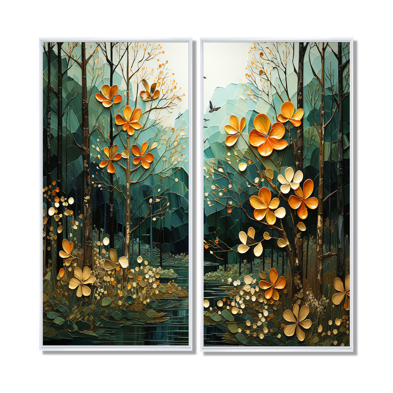 «Forest Enchanted Canopy Patchwork II», art mural corail, 20" H x 24" W, Impression encadrée flottante, Blanc