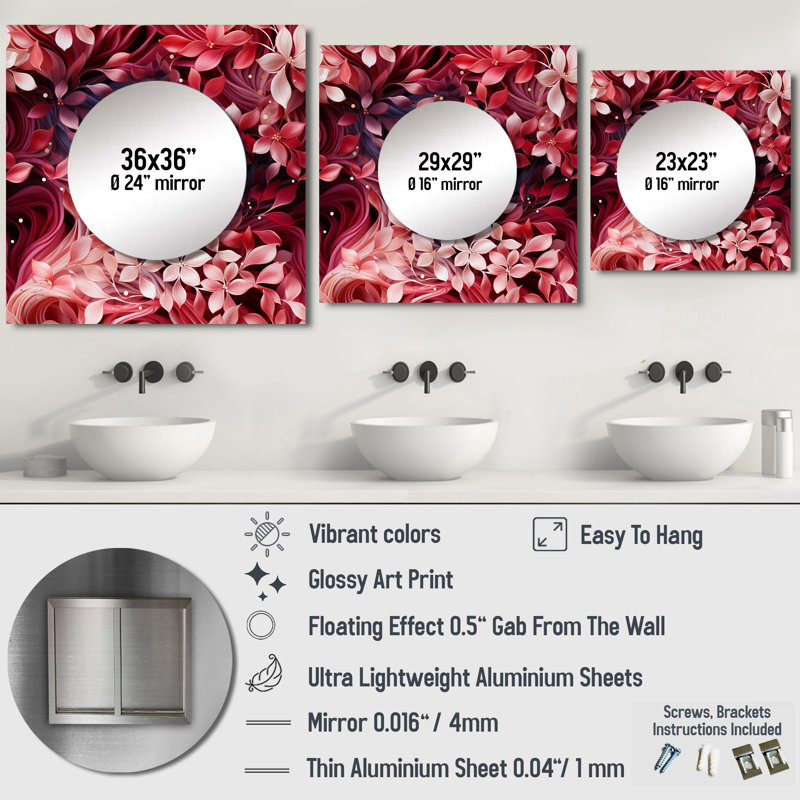 Abstrait fleur romantique rouge et mauve - grand miroir mural carré moderne pour la chambre à coucher, 29 po x 29 po