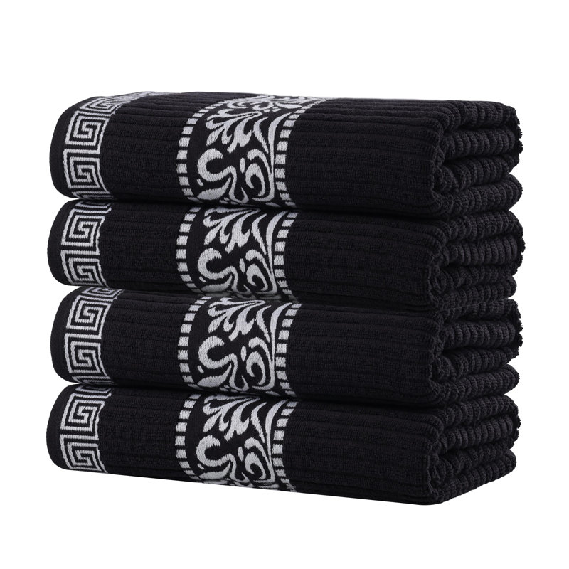 Mikira Athens Cotton Medium Weight Floral Border Greek Key Trim Bath Towel (Set of 4), Black/White