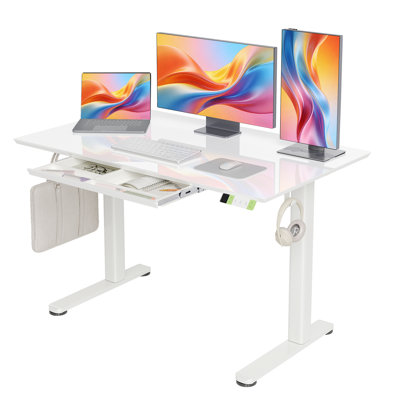 Ashya Ergonomic Glass Top Height Adjustable Standing Desk with Drawer and Hooks