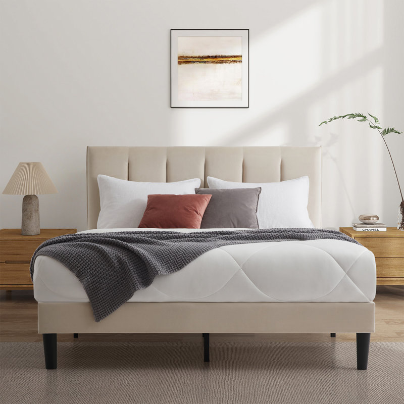  Luxueuse base de lit rembourrée avec tête de lit rembourrée, base de lit pour enfant simple, Lit simple, Beige
