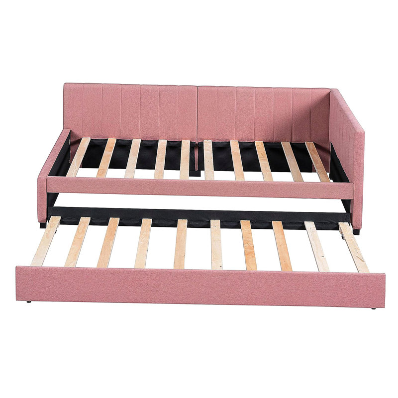 Storage sofa bed frame with a linen fabric cover, no bed panel., Pink