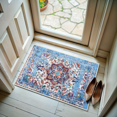 GLN Traditional Collection - Tapis lavable à la machine, antidérapant, tapis en chenille pour salon, chambre à coucher, tapis (bleu)