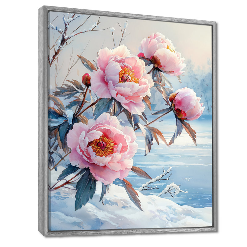 Pe pivoines près du lac gelé II - pivoines, art mural encadré, H 44 po x l 34 po, Impression encadrée sans passe-partout