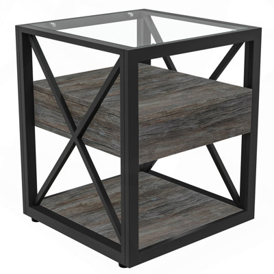 Set Of 2 Modern End Table With Drawer - Nightstand For Bedroom & Living Room,  MDF  & Tempered Glass Top, Industrial Style Side Table