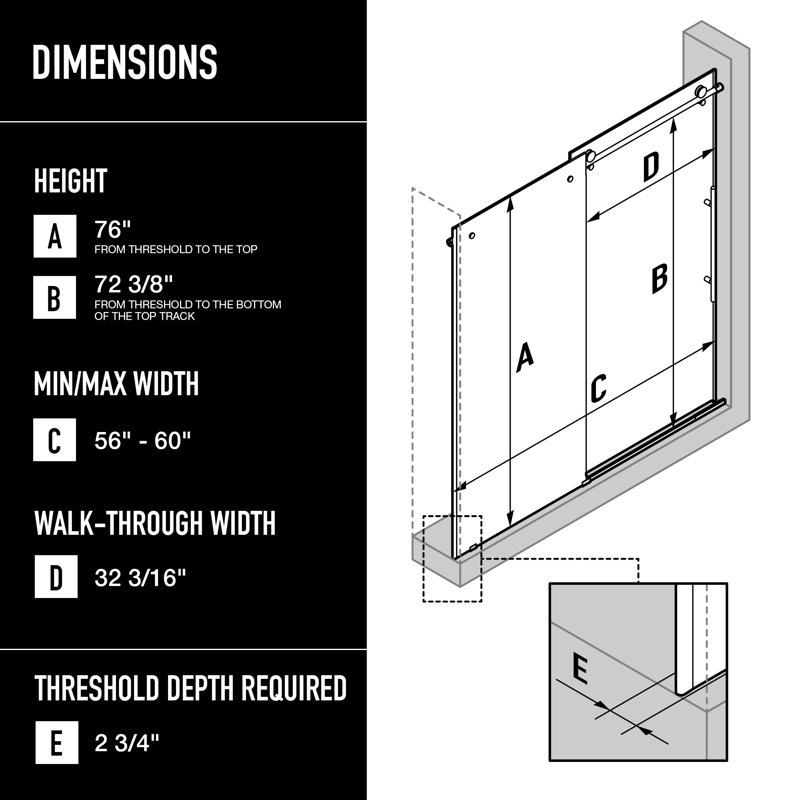 Elan E-Class 56-60" W x 76" H Sliding Frameless Shower Door with 3/8" Fluted Glass, Matte Black, Right