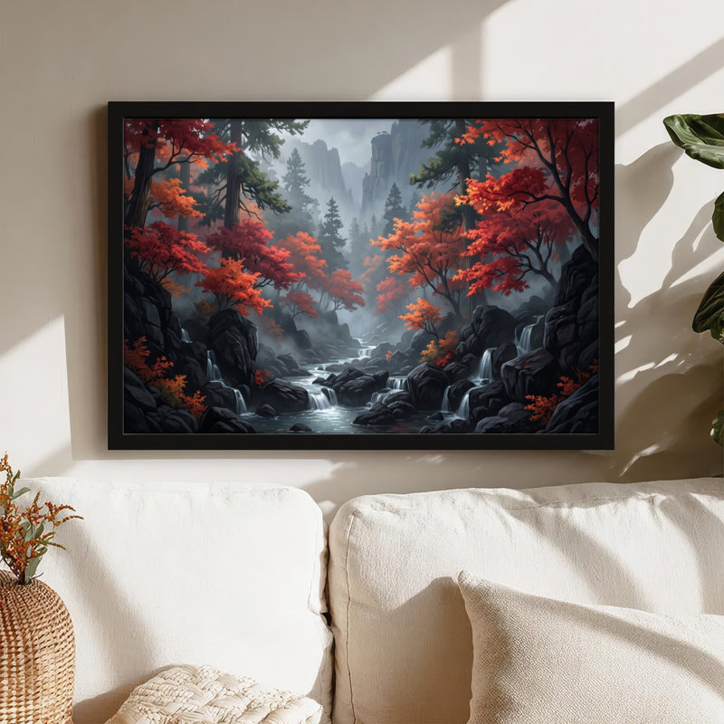 Toile noire encadrée en bois noir pour salon, chambre à coucher, bureau ou vestibule - décoration murale décorative avec forêt d'automne