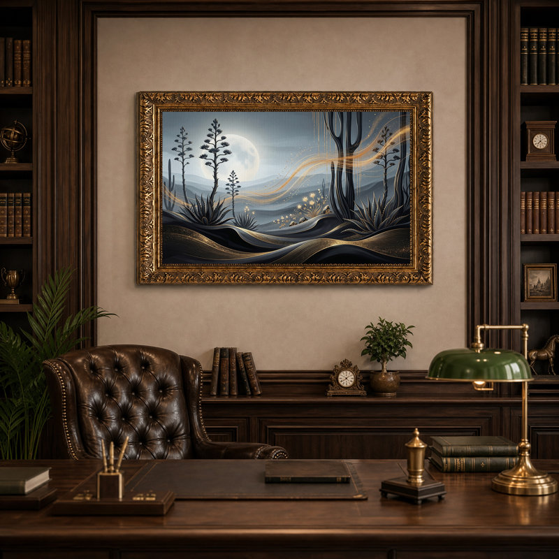 Tableau sur toile représentant un paysage désertique au clair de lune avec des cactus et des volutes dorées, 16"H x 24"W