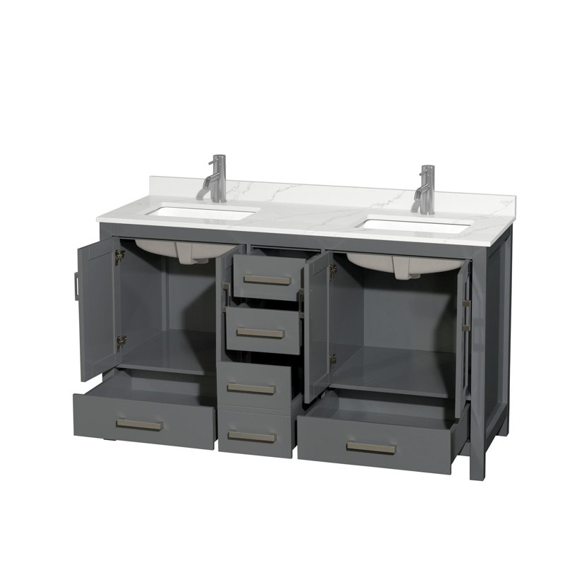 Meuble-lavabo double autoportant 60 po avec plateau en quartz Sheffield, Quartz Giotto, Gris foncé, Chrome