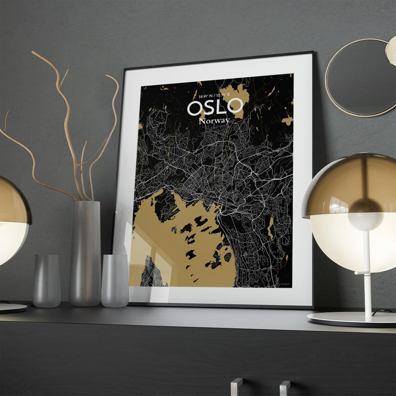 Oslo, carte de la ville, impression, Noir / or, H 24 po x l 18 po