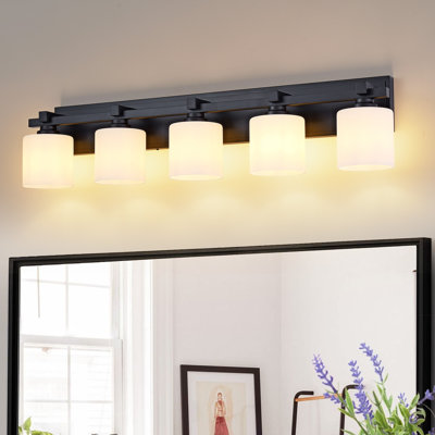 Barre d'éclairage de salle de bain 5 lumières 35,4 po noire avec abat-jour en verre givré, douilles E26, applique murale de style campagne pour miroir