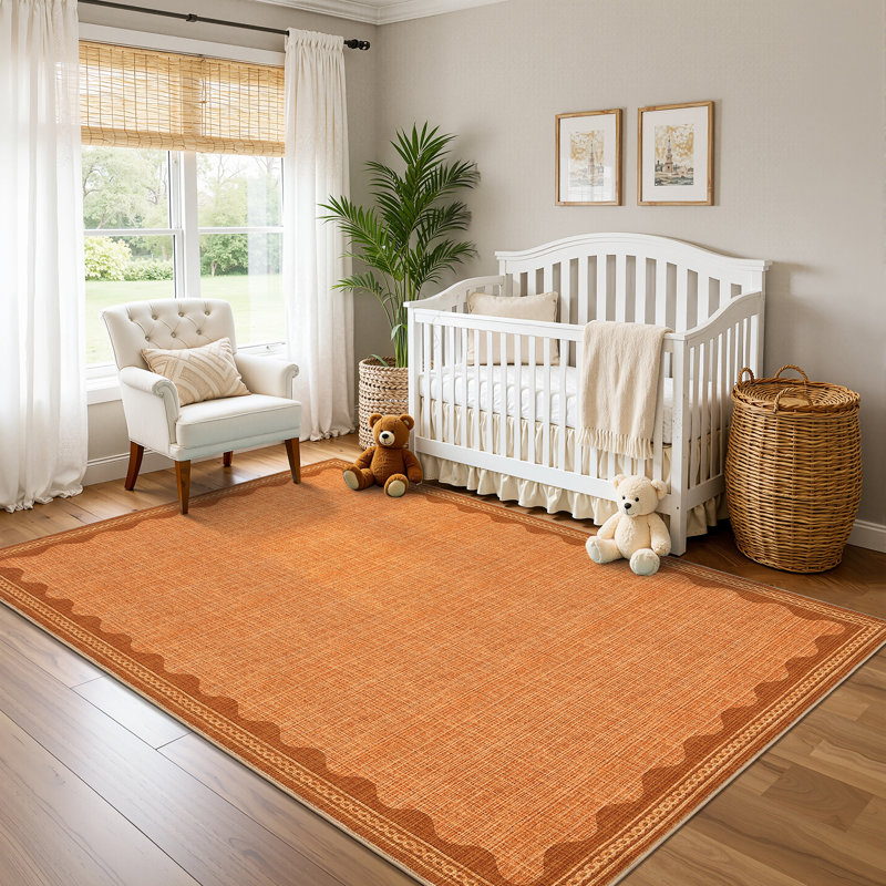 Tapis festonné et lavable pour tapis de chambre à coucher moderne, Orange, Rectangle 6 pi x 9 pi
