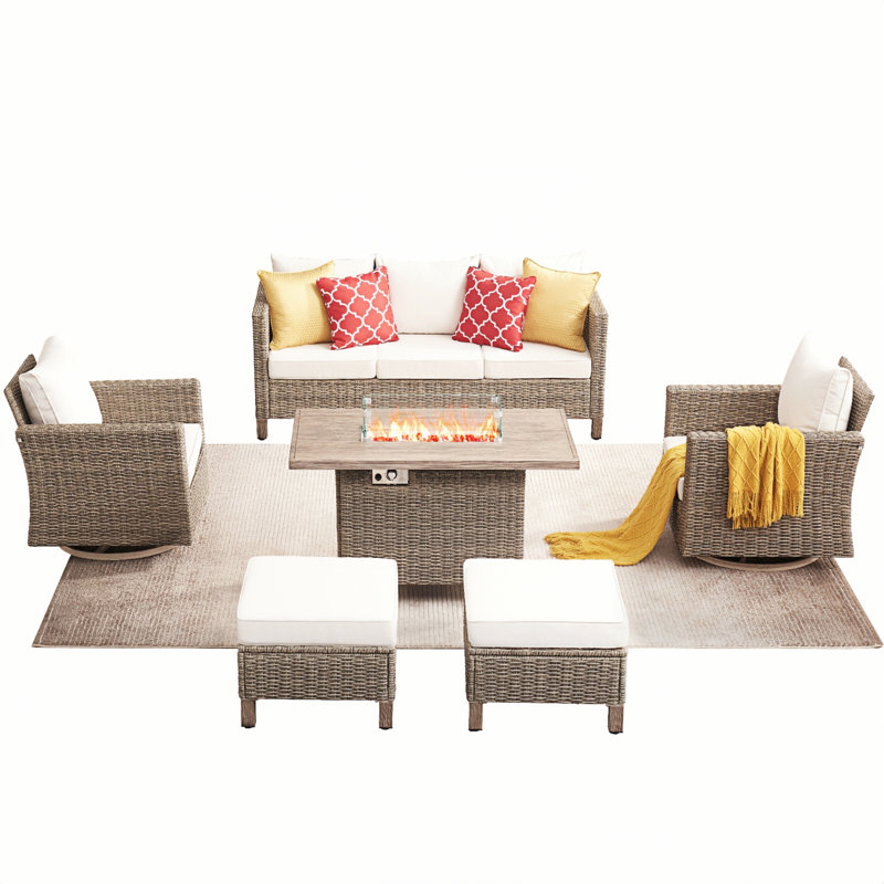 6 Piece Patio Conversation Sets With Fire Pit, Beige