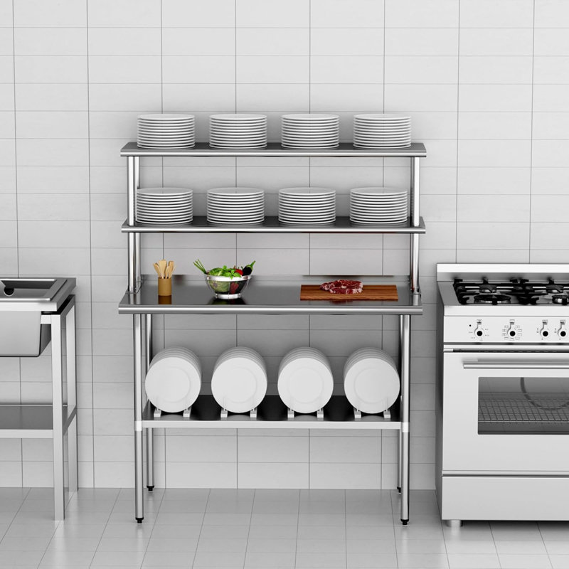 Tablette double à 2 niveaux en acier inoxydable 12 x 60 pouces, capacité de poids de 330 lb pour la table de préparation et de travail dans le restaurant, la maison et la cuisine