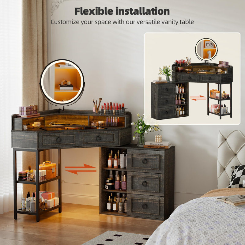 Corner Dressing Table with 360° Rotating Mirror, Rustic Brown