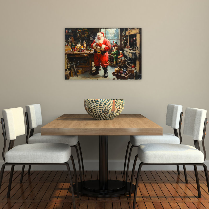 Père Noël, atelier d'artisanat rustique traditionnel, arbre de Noël rétro, impression d'art mural, 24" H x 36" W