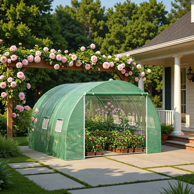 Serre de jardin, serre à tunnel sans porte, serre avec fenêtres à enroulement, structure robuste